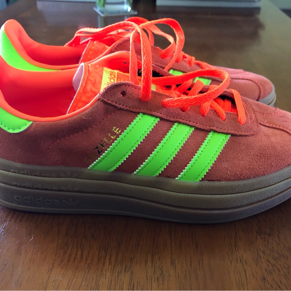Orange Adidas Gazelle bold with neon yellow-green stripes (W 8.5)